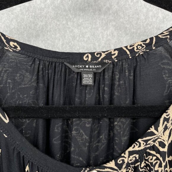 Lucky Brand Boho Tunic Top Blouse Size 3X Black Tan Paisley Print Stretch EUC - Picture 4 of 11